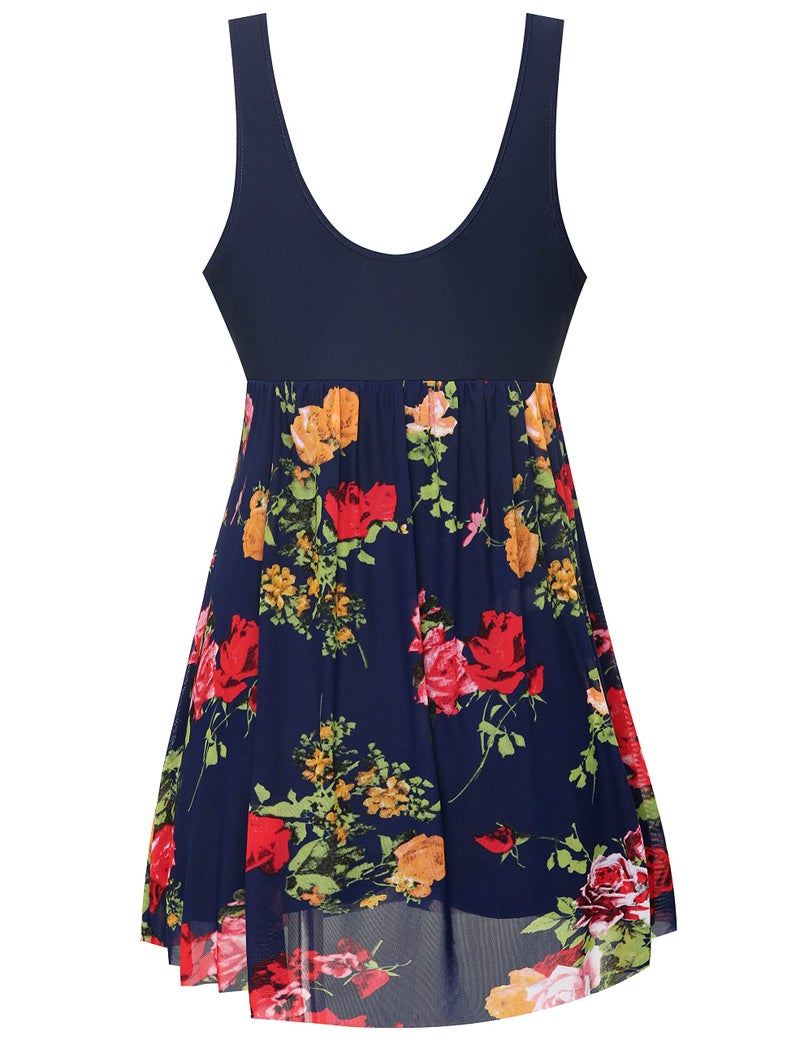 wantdo Women's Plus Size Swimdress Flower Printed Swimwear Cover Up Swimsuits Navy Red US 18-20 - Image 2
